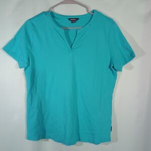 Turquoise Split Neck T Shirt Short Sleeve Casual Basic Tee Soft Everyday Top
